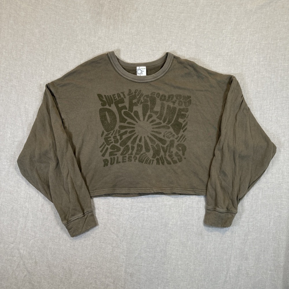Offline by Aerie Women's Sweater Cropped Oversize Olive Green Graphic Print, Lg